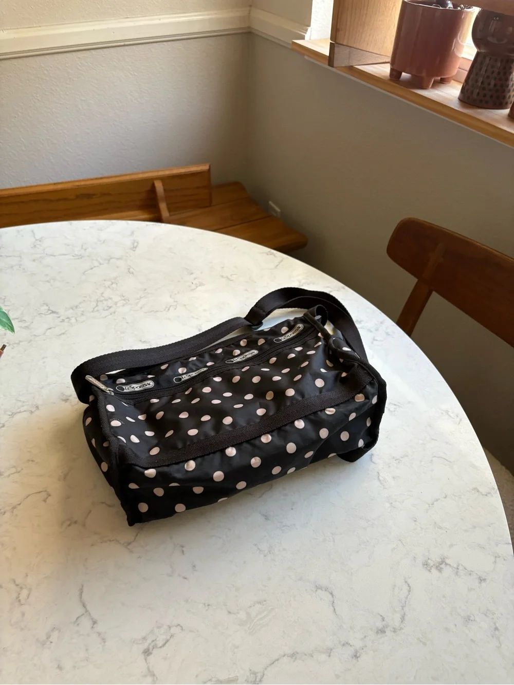 LeSportsac Black with Pink Polka Dot Crossbody Shoulder Bag
